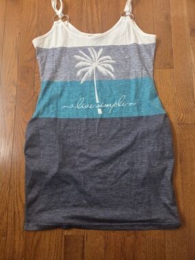 chic Striped Palm Print Swim Coverup in White, Blue, Teal, Gray